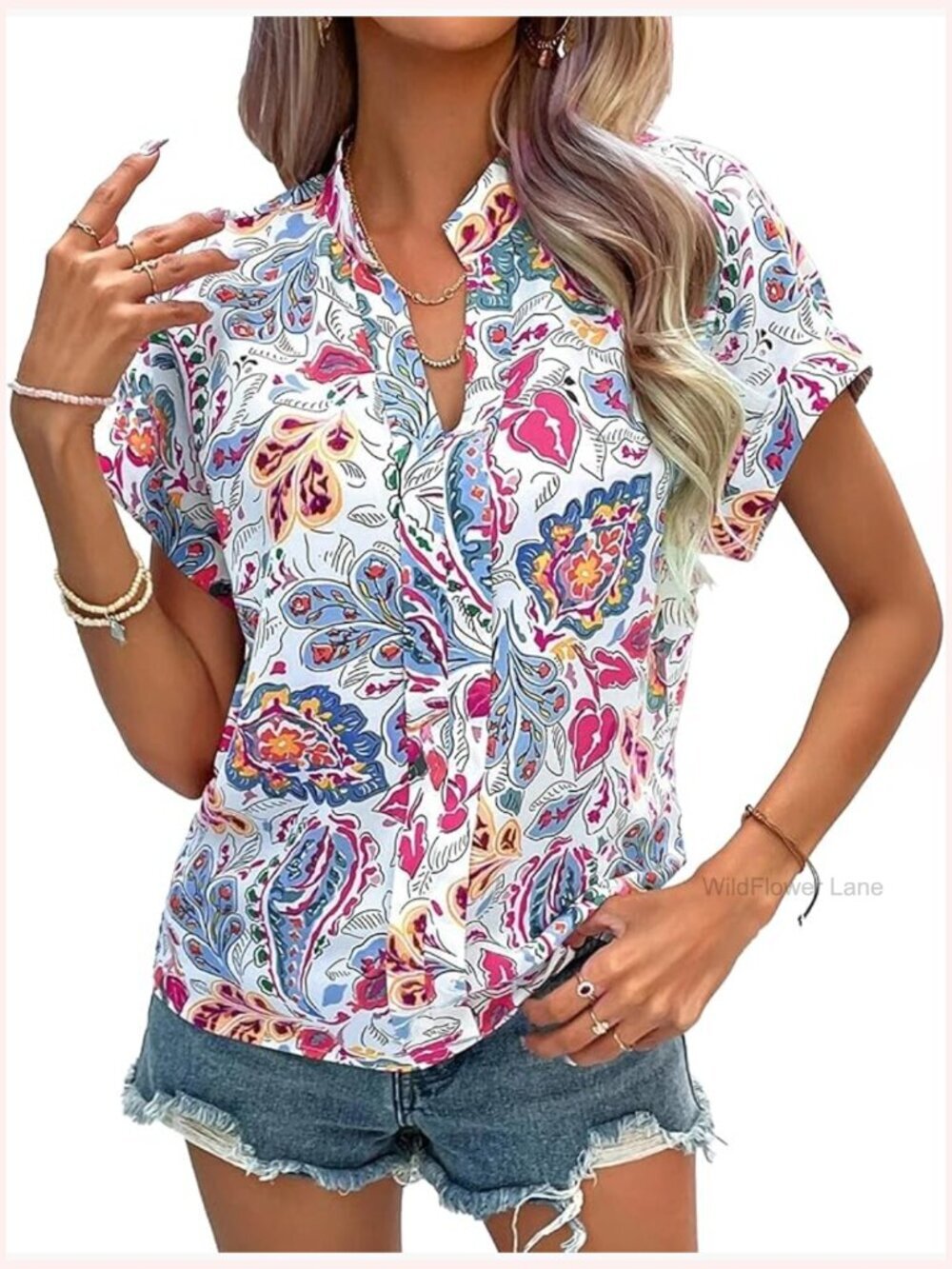 Patchwork Button Down V Neck Short Sleeve Blouse Top